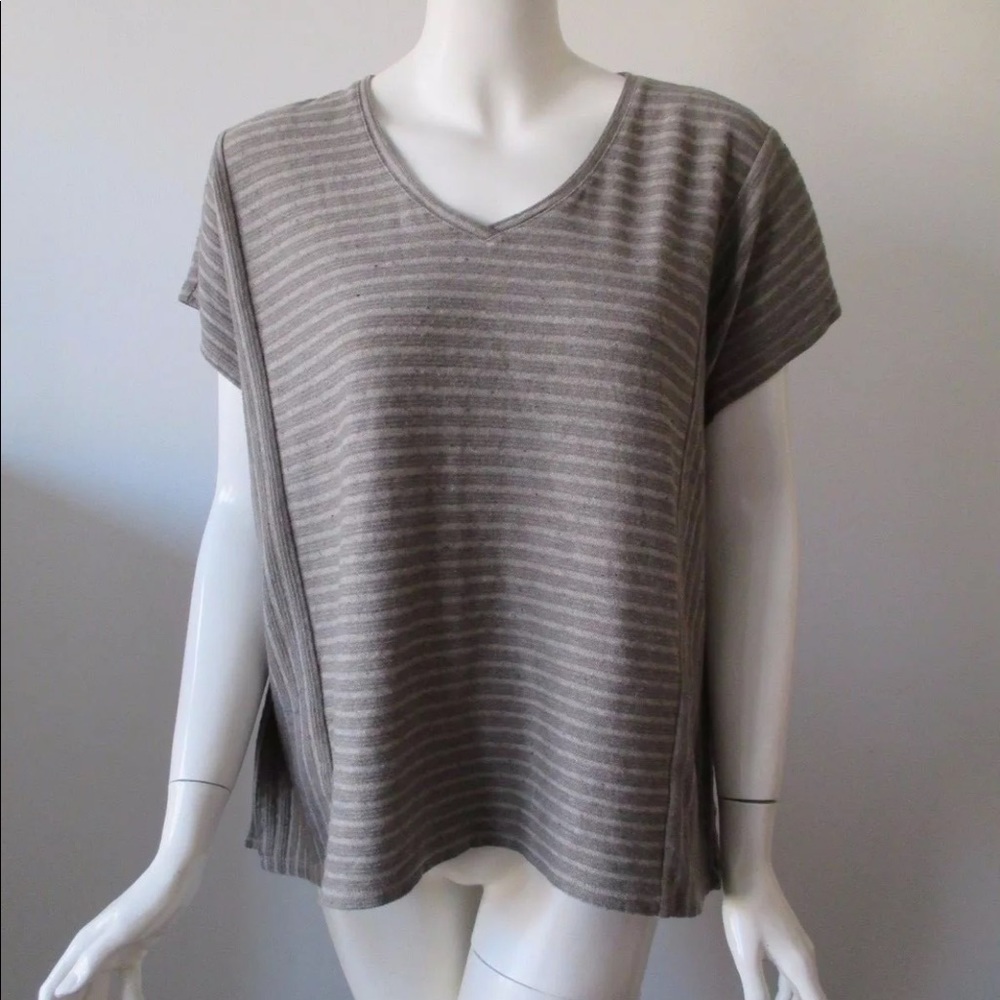 Pure Jill Gray Stripe Cap Sleeve V Neck Kimono Med